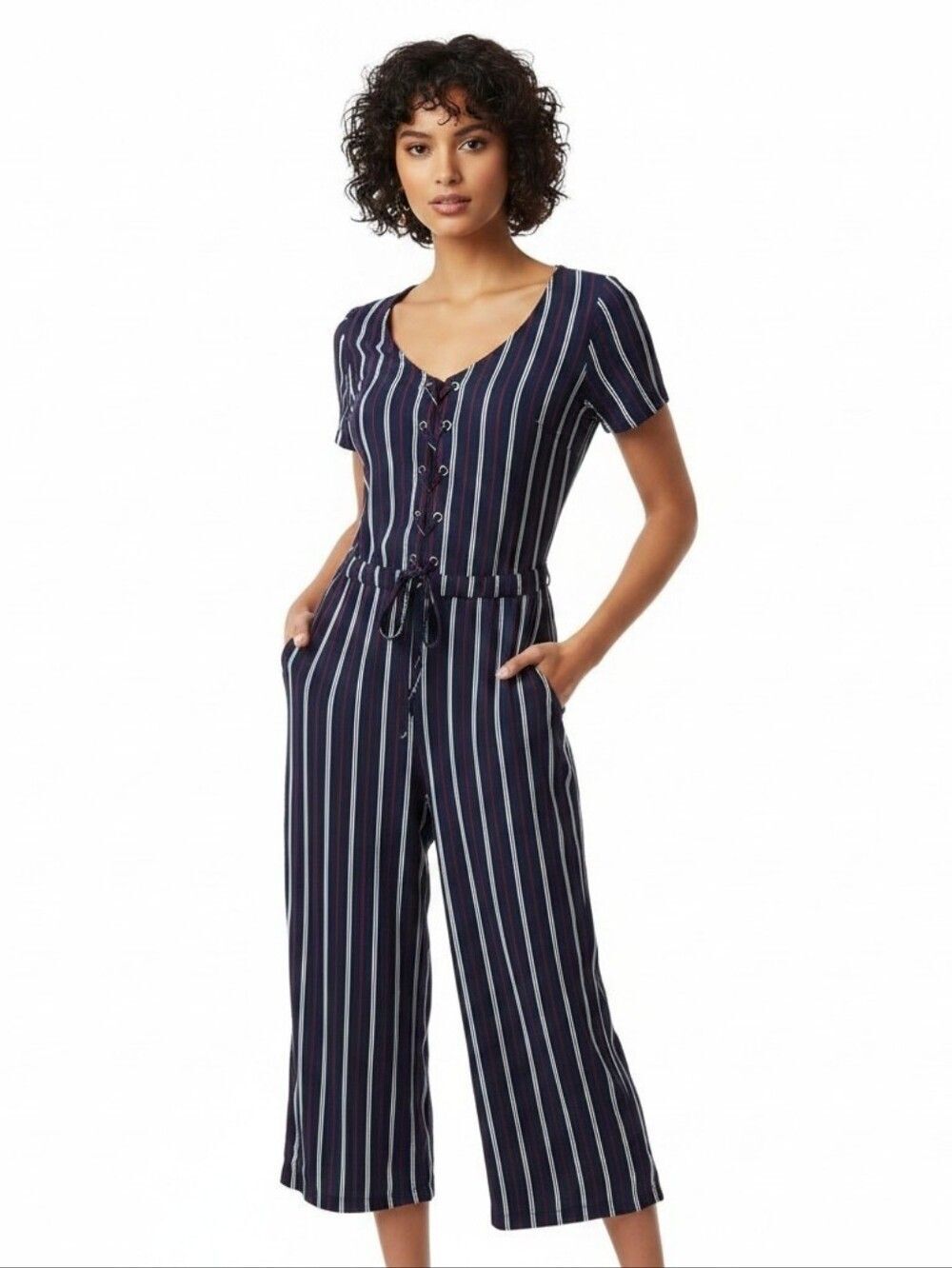 NWT Hollister Navy and White Vertical-Stripe Short-Sleeve Jumpsuit Size Small